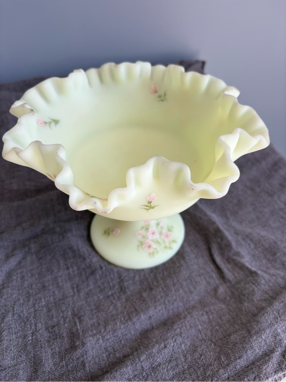 Fenton Light Green Ruffled Compote with Pink Floral Accents